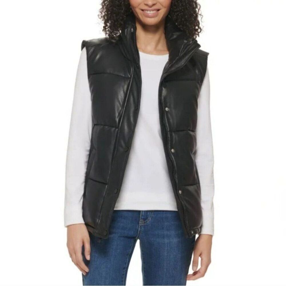 Marc New York Women's Faux Leather Mock Neck Full Zip Puffer Vest Black XXL